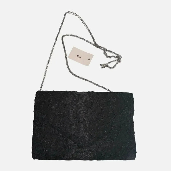 Black‎ Lace slim evening handbag/clutch with removable silver chain link straps - Picture 3 of 8